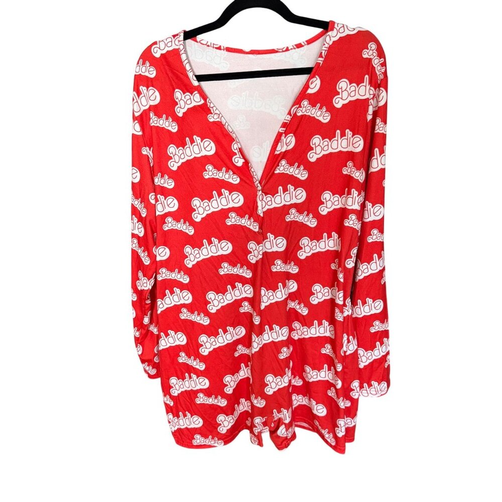 Red "Baddie" Print Button-Up Long Sleeve Romper Loungewear 95% Polyester & 5% Sp
